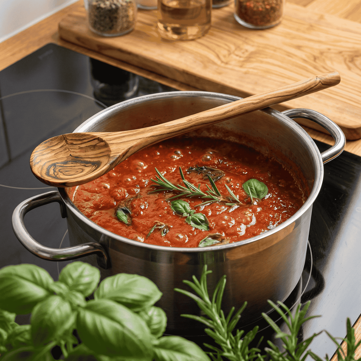 Kochtopf mit Tomatensauce und ein Kochlöffel aus Olivenholz auf dem Herd