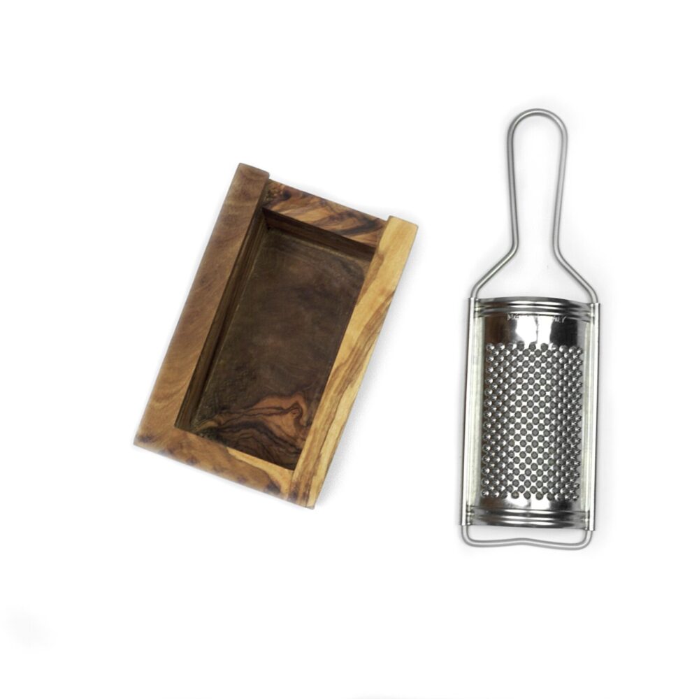 Kaesereibe mit Behaelter aus Olivenholz