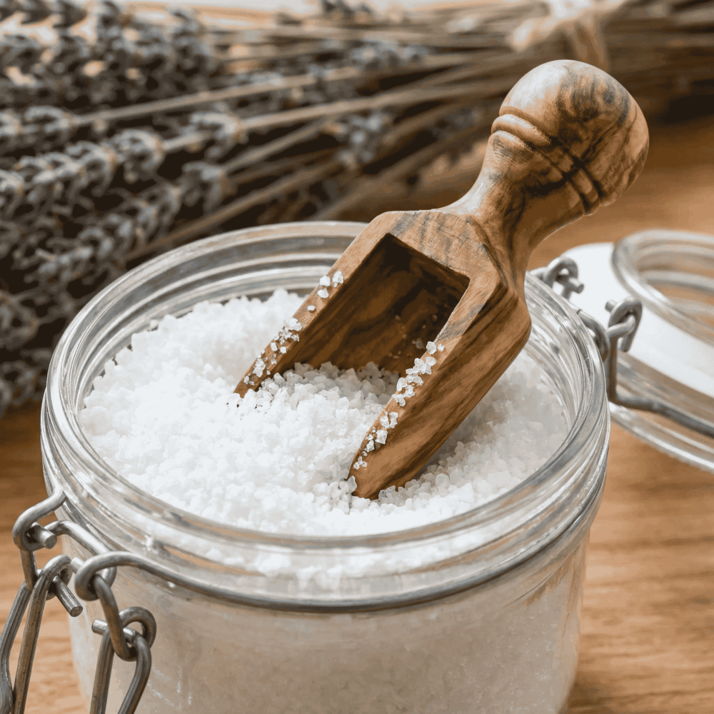 Dosierschaufel aus Holz im Salzfaß