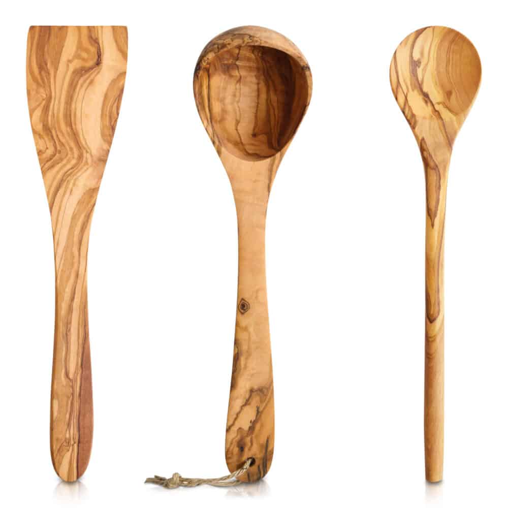 Kochloeffel Set aus olivenholz bestehend aus pfannenwender, kochloeffel und schoepfkelle